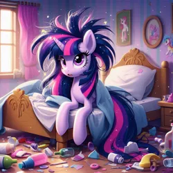 Size: 1024x1024 | Tagged: safe, ai content, derpibooru import, machine learning generated, twilight sparkle, bed, generator:dall-e 3, hangover, image, jpeg, messy, messy mane