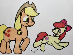 Size: 2048x1536 | Tagged: safe, artist:hoofclid, derpibooru import, apple bloom, applejack, earth pony, pony, apple sisters, female, filly, foal, image, jpeg, jumping, mare, open mouth, siblings, simple background, sisters, traditional art, white background