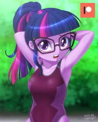 Size: 802x1000 | Tagged: safe, artist:uotapo, derpibooru import, sci-twi, twilight sparkle, equestria girls, armpits, blushing, clothes, female, g4, glasses, image, jpeg, one-piece swimsuit, open mouth, solo, swimsuit