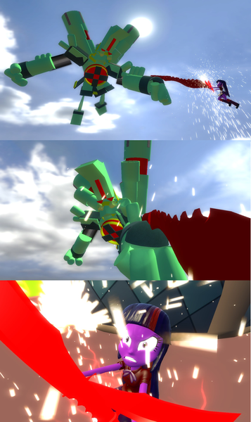 Size: 1360x2288 | Tagged: safe, artist:teslatitanicx, derpibooru import, twilight sparkle, human, robot, elements of insanity, equestria girls, 3d, adu du, blade, boboiboy, brutalight sparcake, canterlot high, day, duo, female, fight, g4, giant robot, gmod, image, male, mukalakus, png, sun