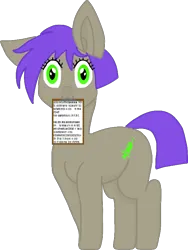 Size: 626x833 | Tagged: safe, artist:xada, derpibooru import, oc, earth pony, pony, clipboard, eyelashes, floppy ears, gibberish, green eyes, image, mouth hold, owo, png, purple mane, purple tail, simple background, solo, tail, text, transparent background