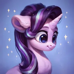 Size: 922x921 | Tagged: safe, ai content, derpibooru import, machine learning assisted, machine learning generated, stable diffusion, starlight glimmer, pony, unicorn, beautiful, big eyes, blue background, blue eyes, cute, detailed, detailed hair, ear fluff, fluffy, g4, generator:purplesmart.ai, image, png, prompter:saltyvity, purple hair, simple background, smiley face, smiling, solo, sparkles, stars