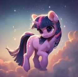 Size: 922x917 | Tagged: safe, ai content, derpibooru import, machine learning assisted, machine learning generated, stable diffusion, twilight sparkle, pony, unicorn, beautiful, blue mane, cloud, cute, detailed, detailed hair, ear fluff, fluffy, g4, generator:purplesmart.ai, image, png, prompter:saltyvity, purple eyes, simple background, sky, smiley face, smiling, solo, space, sparkles, stars, sunset