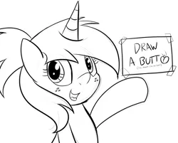 Size: 2303x1854 | Tagged: safe, artist:an-tonio, derpibooru import, oc, oc:silver draw, unofficial characters only, pony, unicorn, bust, female, food, high res, image, jpeg, mare, meta, monochrome, open mouth, peach, sign, sketch, smiling, solo
