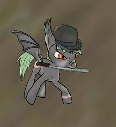 Size: 1402x1546 | Tagged: safe, artist:coffeerings, derpibooru import, oc, oc:emjay, unofficial characters only, bat pony, pony, fallout equestria, action pose, fedora, hat, image, injured, machete, mouth hold, png, solo