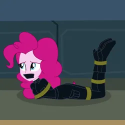 Size: 2000x2000 | Tagged: safe, artist:nie-martw-sie-o-mnie, derpibooru import, pinkie pie, human, equestria girls, bondage, bound and gagged, catsuit, clothes, g4, gag, high heels, image, lying, pinkie spy, png, rope, rope bondage, shoes, spy, tape, tape gag, tied up