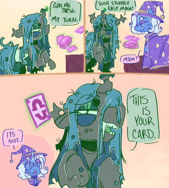 Size: 1075x1201 | Tagged: safe, artist:tottallytoby, derpibooru import, part of a set, queen chrysalis, trixie, changeling, changeling queen, pony, unicorn, alternate hairstyle, alternate universe, beanbrows, blue eyes, blue mane, cape, carapace, card trick, clothes, colored hooves, colored horn, comic, dialogue, eye clipping through hair, eyebrows, eyelashes, facial markings, fangs, female, folded wings, frown, g4, glow, glowing horn, green eyes, hat, horn, image, insect wings, lidded eyes, long eyelashes, magic, mare, open mouth, open smile, png, raised hoof, short mane, smiling, speech bubble, straight mane, talking, teal mane, telekinesis, text, trixie's cape, trixie's hat, wings
