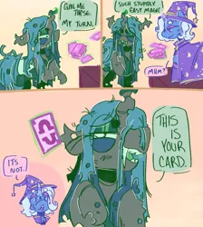 Size: 1075x1201 | Tagged: safe, artist:tottallytoby, derpibooru import, part of a set, queen chrysalis, trixie, changeling, changeling queen, pony, unicorn, alternate hairstyle, alternate universe, beanbrows, blue eyes, blue mane, cape, carapace, card trick, clothes, colored hooves, colored horn, comic, dialogue, eye clipping through hair, eyebrows, eyelashes, facial markings, fangs, female, folded wings, frown, g4, glow, glowing horn, green eyes, hat, horn, image, insect wings, lidded eyes, long eyelashes, magic, mare, open mouth, open smile, png, raised hoof, short mane, smiling, speech bubble, straight mane, talking, teal mane, telekinesis, text, trixie's cape, trixie's hat, wings