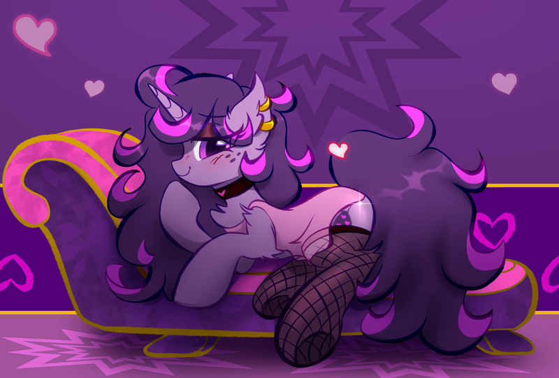Size: 3370x2280 | Tagged: safe, artist:unichan, derpibooru import, oc, oc:fizzy fusion pop, pony, unicorn, blushing, choker, clothes, fainting couch, fishnets, heart, image, messy mane, nightgown, png, socks, thigh highs
