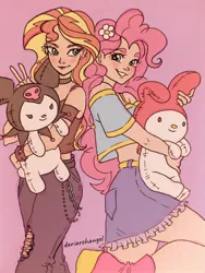 Size: 1202x1600 | Tagged: safe, artist:dariarchangel, derpibooru import, pinkie pie, sunset shimmer, human, equestria girls, equestria girls series, clothes, digital art, duo, duo female, female, g4, image, jpeg, lesbian, looking at each other, looking at someone, peace sign, pink background, pinkamena diane pie, plushie, sanrio, ship:sunsetpie, shipping, simple background, skirt, smiling, smiling at each other