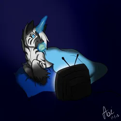 Size: 1000x1000 | Tagged: safe, artist:aoifoxtrot, derpibooru import, oc, unofficial characters only, pony, zebra, zebracorn, blanket, drink, drinking, glow, glowing horn, horn, image, lying down, magic, mug, png, prone, solo, telekinesis, television, unshorn fetlocks, watching tv