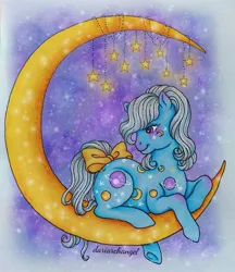 Size: 1385x1600 | Tagged: safe, artist:dariarchangel, derpibooru import, night glider, night glider (g1), earth pony, pony, g1, bow, crescent moon, female, image, jpeg, lying down, mare, moon, on the moon, planet, solo, space, stars, tail, tail bow, traditional art, twice as fancy ponies