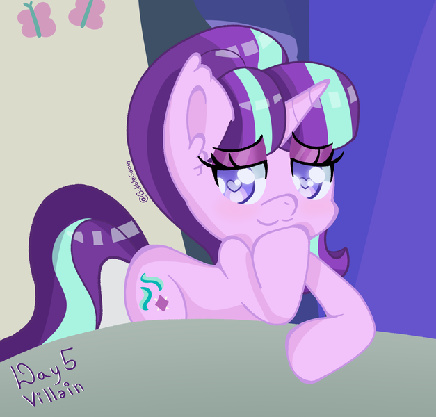 Size: 2500x2392 | Tagged: safe, artist:bubblegooey, derpibooru import, starlight glimmer, pony, unicorn, the cutie re-mark, :3, antagonist, art challenge, blushing, chair, cute, ear fluff, evil starlight, eyeshadow, female, g4, heart, heart eyes, high res, hoof on chin, image, leaning, leaning on table, lidded eyes, looking at you, makeup, mare, png, purple eyes, raised hoof, s5 starlight, scene interpretation, signature, smiling, smiling at you, smug, smuglight glimmer, solo, table, text, wingding eyes