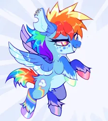 Size: 1600x1790 | Tagged: safe, artist:colorwurm, derpibooru import, rainbow dash, pegasus, pony, alternate design, alternate hairstyle, alternate tailstyle, blaze (coat marking), coat markings, colored ears, colored fetlocks, colored hooves, colored pinnae, ear fluff, ear piercing, earring, eyelashes, facial markings, female, flying, freckles, g4, hooves, hooves in air, image, jewelry, jpeg, lidded eyes, mare, multicolored hair, multicolored hooves, multicolored mane, multicolored tail, narrowed eyes, nose piercing, nose ring, pale belly, piercing, pink eyes, pubic fluff, rainbow hair, rainbow tail, raised hoof, raised hooves, redesign, septum piercing, shiny hoof, shiny mane, shiny tail, smiling, socks (coat marking), solo, sunburst background, tail, thick eyelashes, torn ear, twitterina design, unshorn fetlocks, wingding eyes