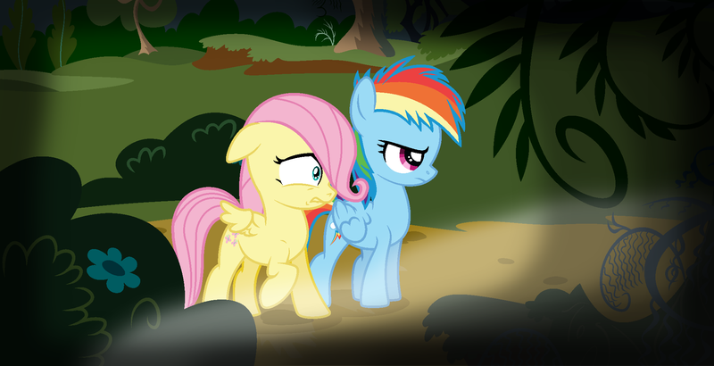 Size: 2000x1024 | Tagged: safe, artist:princessyanderequinn, derpibooru import, fluttershy, rainbow dash, pony, everfree forest, female, filly, filly fluttershy, filly rainbow dash, image, png, younger