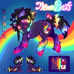 Size: 2000x2000 | Tagged: safe, artist:colorwurm, derpibooru import, oc, oc:neon splat, unofficial characters only, earth pony, body freckles, clothes, color palette, colored hooves, colored pinnae, ear tufts, earth pony oc, emo, eyeshadow, fangs, freckles, glow, glowing mane, glowing tail, hooves in air, image, jpeg, leg warmers, lidded eyes, makeup, messy mane, messy tail, multicolored hair, multicolored mane, multicolored tail, neon, patterned background, pink eyes, rainbow hair, rainbow tail, rave, reference sheet, scene, scenecore, shiny mane, shiny tail, sitting, tail, tongue out, unshorn fetlocks, wingding eyes