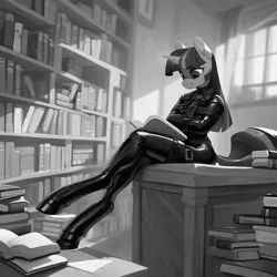 Size: 1024x1024 | Tagged: suggestive, ai content, derpibooru import, machine learning generated, stable diffusion, twilight sparkle, anthro, unguligrade anthro, unicorn, belt, belt buckle, belts, black and white, bondage, book, bookhorse, bookshelf, clothes, crossed legs, generator:purplesmart.ai, grayscale, happy, happy bondage, image, jpeg, latex, latex socks, latex suit, light rays, monochrome, reading, rubber, rubber suit, sitting, smiling, socks, solo, straitjacket, straps, sunlight