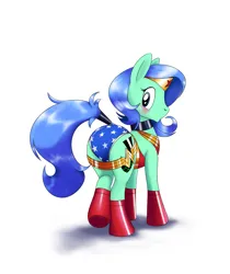 Size: 1761x2093 | Tagged: safe, artist:naivintage, derpibooru import, oc, oc:spearmint, unofficial characters only, earth pony, pony, blushing, boots, butt, clothes, cosplay, costume, crossdressing, dc comics, earth pony oc, image, looking back, male, png, shoes, simple background, solo, stallion, superhero, white background, wonder woman