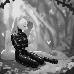 Size: 1024x1024 | Tagged: suggestive, ai content, derpibooru import, machine learning generated, stable diffusion, fluttershy, anthro, butterfly, insect, pegasus, unguligrade anthro, belt, belt buckle, belts, black and white, bondage, clothes, eyes closed, forest, generator:purplesmart.ai, grayscale, happy, happy bondage, image, jpeg, latex, latex socks, latex suit, light rays, monochrome, nature, rubber, rubber suit, sitting, smiling, socks, solo, straitjacket, straps, sunlight, tree
