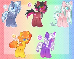 Size: 1910x1526 | Tagged: safe, artist:colorwurm, derpibooru import, oc, unofficial characters only, earth pony, pegasus, unicorn, adoptable, blaze (coat marking), blue coat, blue eyes, coat markings, colored ear fluff, colored ears, colored eartips, colored hooves, colored horn, colored muzzle, colored pinnae, colored wings, colored wingtips, curly mane, curly tail, dappled, ear fluff, ear freckles, earth pony oc, emo, eyelashes, facial markings, fluffy mane, fluffy tail, folded wings, freckles, gradient background, hair accessory, hairclip, heart, heart eyes, horn, image, jpeg, long mane, long tail, messy mane, messy tail, multicolored mane, multicolored tail, multicolored wings, necktie, orange coat, pale belly, passepartout, patterned background, pegasus oc, pink coat, pink eyes, purple coat, purple eyes, rainbow background, red coat, scene, scenecore, shiny mane, shiny tail, short mane, small wings, socks (coat marking), splotches, spread wings, starry eyes, straight mane, straight tail, tail, two toned tail, two toned wings, unicorn oc, wall of tags, wingding eyes, wings