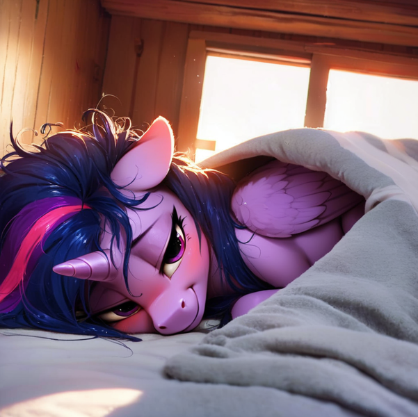 Size: 1065x1063 | Tagged: safe, ai content, derpibooru import, machine learning generated, prompter:middaydreamer, stable diffusion, twilight sparkle, twilight sparkle (alicorn), alicorn, pony, bed, bed mane, bedroom, blushing, first person view, folded wings, image, lying down, messy mane, offscreen character, on bed, png, pov, sleepy, smiling, wings