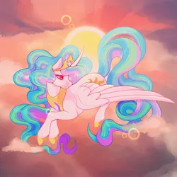 Size: 3000x3000 | Tagged: safe, artist:colorwurm, derpibooru import, princess celestia, alicorn, pony, cloud, colored hooves, colored pinnae, crown, curved horn, eyelashes, female, flying, g4, horn, image, jewelry, jpeg, long horn, mare, morning, multicolored mane, multicolored tail, pink eyes, regalia, shiny coat, shiny mane, shiny tail, sky background, smiling, solo, spread wings, sun, tail, tiara, wavy mane, wavy tail, white coat, wings
