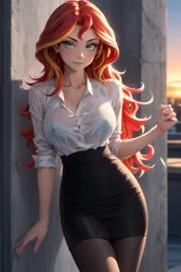Size: 1024x1536 | Tagged: suggestive, ai content, derpibooru import, editor:sammykun, machine learning generated, sunset shimmer, human, equestria girls, big breasts, blurry background, bra, breasts, busty sunset shimmer, button-up shirt, cleavage, clothes, column, concrete, curvy, female, g4, hourglass figure, humanized, image, long hair, long sleeved shirt, long sleeves, looking at you, outdoors, pantyhose, pencil skirt, png, prompter:sammykun, rolled up sleeves, see-through, shirt, skirt, solo, stupid sexy sunset shimmer, sultry pose, unbuttoned, underwear, wet clothes, wet shirt, white shirt