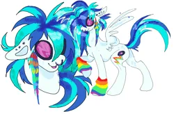 Size: 1096x717 | Tagged: safe, artist:colorwurm, derpibooru import, oc, unofficial characters only, pegasus, pony, arm warmers, blue mane, blue tail, body freckles, cheek fluff, clothes, colored pinnae, ear fluff, ear piercing, earring, freckles, fusion, fusion:rainbow dash, fusion:vinyl scratch, goggles, image, jewelry, leg freckles, ms paint, multicolored hair, multicolored mane, multicolored tail, nose piercing, nose ring, not vinyl scratch, open mouth, open smile, pegasus oc, piercing, png, rainbow hair, raised hoof, septum piercing, simple background, smiling, solo, spread wings, standing, tail, white background, white coat, wing fluff, wings