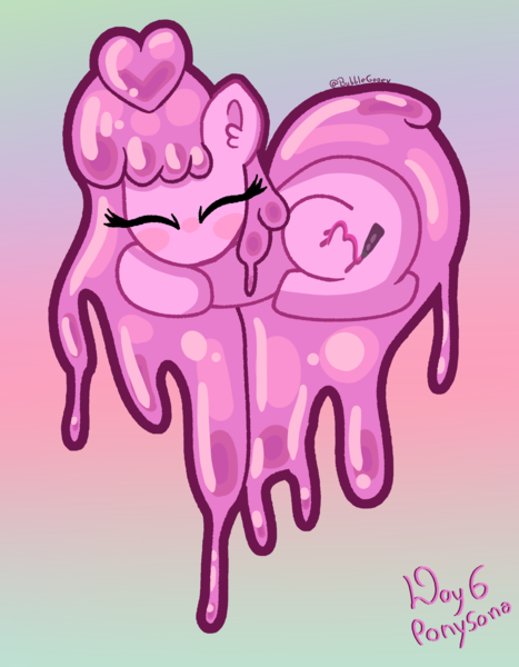 Size: 1739x2233 | Tagged: safe, artist:bubblegooey, derpibooru import, oc, oc:bubblegooey, unofficial characters only, goo, goo pony, original species, pony, art challenge, blush sticker, blushing, cute, daaaaaaaaaaaw, ear fluff, eyes closed, female, gradient background, heart, heart pony, image, lying down, mare, ocbetes, pink coat, pink mane, pink tail, png, ponysona, prone, signature, sleeping, slime, solo, tail, text