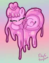 Size: 1739x2233 | Tagged: safe, artist:bubblegooey, derpibooru import, oc, oc:bubblegooey, unofficial characters only, goo, goo pony, original species, pony, art challenge, blush sticker, blushing, cute, daaaaaaaaaaaw, ear fluff, eyes closed, female, gradient background, heart, heart pony, image, lying down, mare, ocbetes, pink coat, pink mane, pink tail, png, ponysona, prone, signature, sleeping, slime, solo, tail, text