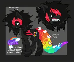 Size: 2809x2340 | Tagged: safe, artist:colorwurm, derpibooru import, oc, oc:click, unofficial characters only, dracony, dragon, hybrid, pony, black sclera, colored pinnae, colored pupils, colored sclera, colored wings, dracony oc, dragon tail, dragon wings, emo, eye clipping through hair, eyebrows, eyebrows visible through hair, eyelashes, facial markings, fangs, folded wings, gray background, image, jpeg, lidded eyes, lip piercing, looking back, male, messy mane, pale belly, passepartout, piercing, pronouns, rainbow tail, reference sheet, scene, scenecore, simple background, small wings, solo, stallion, stripes, tail, toothy grin, two toned mane, two toned wings, white pupils, wings