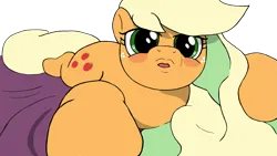 Size: 1459x821 | Tagged: safe, artist:appulman, ponerpics import, applejack, oc, oc:anon, bed, blushing, image, looking at you, png, touching