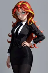 Size: 1024x1536 | Tagged: safe, ai content, derpibooru import, editor:sammykun, machine learning generated, sunset shimmer, human, equestria girls, blurry background, breasts, business, business suit, busty sunset shimmer, button-up shirt, cleavage, clothes, curvy, female, g4, hand on hip, hourglass figure, humanized, image, long hair, long sleeved shirt, long sleeves, looking at you, necktie, pantyhose, pencil skirt, png, prompter:sammykun, reasonably sized breasts, shirt, simple background, skirt, solo, suit, sultry pose, tuxedo, underwear, wet clothes, wet shirt, white shirt
