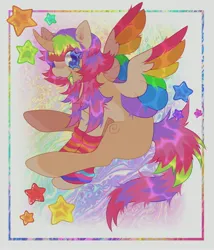 Size: 3000x3500 | Tagged: safe, artist:colorwurm, derpibooru import, oc, alicorn, pony, alicorn oc, arm warmers, blank flank, blue eyes, clothes, coat markings, colored muzzle, colored wings, curved horn, eye clipping through hair, horn, image, jpeg, multicolored mane, multicolored tail, multicolored wings, pale belly, passepartout, rainbow wings, scene, scenecore, socks (coat marking), spread wings, tail, wingding eyes, wings