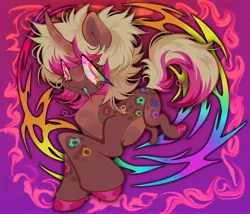 Size: 3500x3000 | Tagged: safe, artist:colorwurm, derpibooru import, oc, unofficial characters only, pony, unicorn, big eyes, border, brown coat, coat markings, colored hooves, colored horn, colored pinnae, curved horn, eye clipping through hair, facial markings, gradient background, horn, image, jpeg, leopard print, messy mane, multicolored eyes, open mouth, open smile, pale belly, patterned background, shiny hoof, smiling, snip (coat marking), solo, tail, two toned mane, two toned tail, unicorn oc, wingding eyes