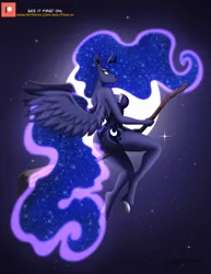 Size: 1280x1656 | Tagged: suggestive, artist:wolfpsalm, derpibooru import, princess luna, alicorn, anthro, plantigrade anthro, blue coat, blue eyes, breasts, broom, clothes, crown, ethereal mane, eyelashes, eyeshadow, feathered wings, female, flying, flying broomstick, full moon, g4, galaxy mane, galaxy tail, hooves, horn, image, jewelry, lidded eyes, makeup, moon, night, night sky, png, regalia, sideboob, sky, solo, spread wings, stars, straddling, tail, thighs, tiara, unicorn horn, wings