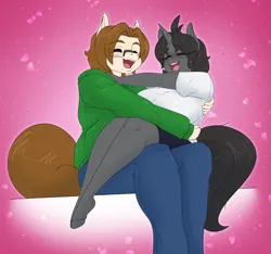 Size: 2816x2632 | Tagged: safe, artist:appelknekten, derpibooru import, oc, unofficial characters only, anthro, earth pony, unguligrade anthro, unicorn, eyes closed, female, glasses, high res, hug, image, male, oc x oc, open mouth, open smile, png, shipping, sitting on lap, smiling, straight