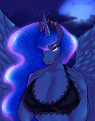 Size: 1703x2164 | Tagged: suggestive, artist:elmilagro, derpibooru import, princess luna, alicorn, anthro, bedroom eyes, big breasts, bra, breasts, bust, busty princess luna, cleavage, clothes, cloud, crown, ethereal mane, eyeshadow, feathered wings, female, full moon, g4, hoers, horn, huge breasts, image, jewelry, lace, looking at you, makeup, midriff, moon, night, night sky, png, regalia, sky, solo, solo female, spread wings, starry mane, stars, tiara, underwear, unicorn horn, wings