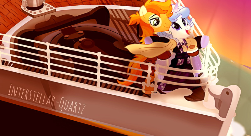 Size: 4439x2408 | Tagged: safe, artist:interstellar-quartz, derpibooru import, oc, oc:wacky pumpkin, oc:windy weather, unofficial characters only, alicorn, earth pony, pony, clothes, female, image, male, mare, png, ship, stallion, titanic