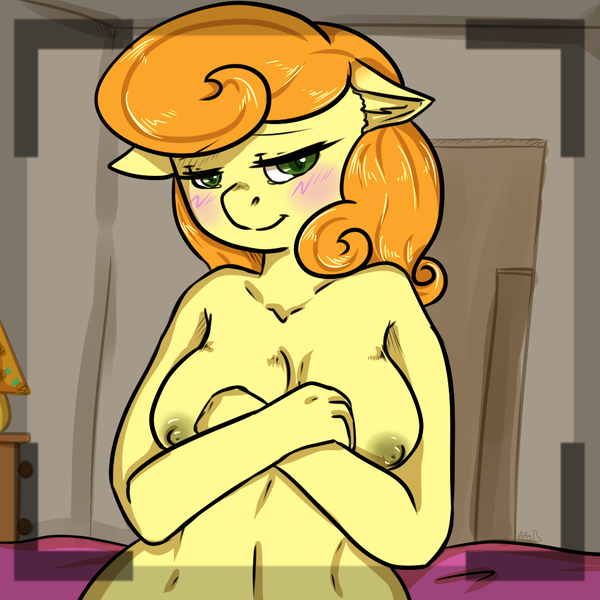 Size: 1000x1000 | Tagged: questionable, artist:arnachy, derpibooru import, carrot top, golden harvest, anthro, earth pony, bed, bedroom, blushing, image, png, smiling