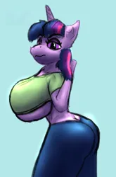 Size: 279x423 | Tagged: suggestive, artist:ismyaltaccount, derpibooru import, twilight sparkle, anthro, pony, unicorn, ass, big breasts, blue background, breasts, busty twilight sparkle, butt, clothes, colored sketch, curvy, female, horn, huge breasts, image, impossibly large breasts, large butt, looking at you, looking back, mare, png, simple background, sketch, solo, solo female, underboob, unicorn twilight
