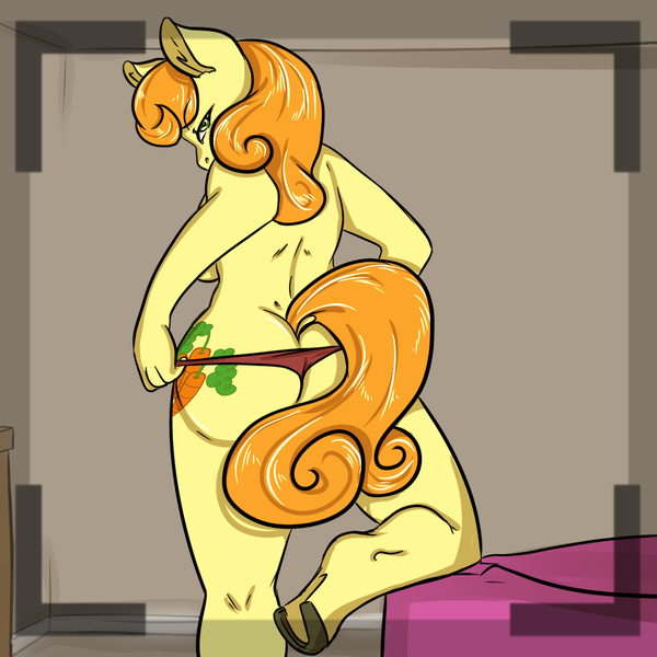 Size: 1000x1000 | Tagged: suggestive, artist:arnachy, derpibooru import, carrot top, golden harvest, anthro, earth pony, bed, bedroom, camera, clothes, image, panties, png, stripping, underwear