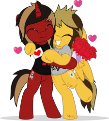 Size: 4497x5000 | Tagged: safe, artist:jhayarr23, derpibooru import, ponified, pegasus, pony, semi-anthro, unicorn, alex gaskarth, all time low, bipedal, bipedal leaning, bouquet of flowers, clothes, commission, duo, duo male, dyed mane, dyed tail, ear fluff, floppy ears, flower, gay, happy, heart, hoof fluff, hoof hold, horn, hug, image, jack barakat, leaning, letter, love letter, male, partially open wings, png, rose, shipping, shirt, smiling, stallion, t-shirt, tail, wing fluff, wings, ych result
