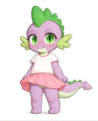 Size: 1472x1816 | Tagged: suggestive, ai content, machine learning generated, stable diffusion, spike, dragon, adorable face, blushing, clothes, crossdressing, cute, femboy spike, foalcon, girly, green eyes, image, looking at you, male, pink skirt, png, simple background, skirt, smiling, solo, spikabetes, standing, underage, upskirt, white background, white shirt