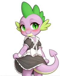 Size: 1376x1720 | Tagged: safe, ai content, machine learning generated, stable diffusion, spike, dragon, blushing, clothes, crossdressing, curtsey, cute, dress, foalcon, girly, green eyes, image, looking at you, looking back, maid, png, rear view, simple background, smiling, solo, spikabetes, standing, tail, underage, white background