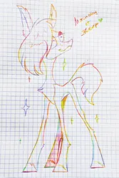 Size: 2000x3000 | Tagged: safe, artist:jehr, derpibooru import, oc, unofficial characters only, earth pony, pony, :3, concave belly, freckles, graph paper, image, lanky, lined paper, long ears, long legs, long pony, paper, pencil drawing, png, rainbow, skinny, smiling, solo, sparkles, stylized, thin, trade, traditional art, unshorn fetlocks