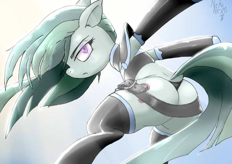 Size: 850x601 | Tagged: safe, artist:a.s.e, derpibooru import, marble pie, earth pony, pony, semi-anthro, belt, butt, clothes, dynamic pose, female, g4, hair over one eye, image, jpeg, looking at you, looking back, looking back at you, marblebutt, mare, panties, plot, simple background, socks, solo, stockings, thigh highs, underwear