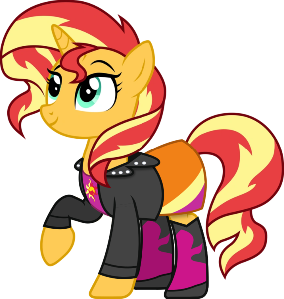 Size: 724x762 | Tagged: safe, artist:ranwere32, derpibooru import, sunset shimmer, pony, unicorn, equestria girls, boots, clothes, equestria girls outfit, female, g4, image, jacket, png, shirt, shoes, simple background, skirt, smiling, solo, transparent background