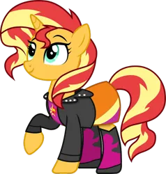 Size: 724x762 | Tagged: safe, artist:ranwere32, derpibooru import, sunset shimmer, pony, unicorn, equestria girls, boots, clothes, equestria girls outfit, female, g4, image, jacket, png, shirt, shoes, simple background, skirt, smiling, solo, transparent background