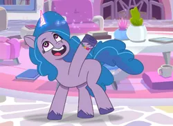 Size: 876x641 | Tagged: safe, derpibooru import, screencap, izzy moonbow, pony, g5, my little pony: tell your tale, spoiler:g5, spoiler:my little pony: tell your tale, spoiler:tyts01e42, bracelet, crystal brighthouse, cute, dizzy, dizzy izzy, dizzy moonbow, female, firework-ing together, friendship bracelet, glow, glowing horn, horn, image, indoors, izzybetes, jewelry, living room, mare, open mouth, png, solo, swirly eyes, unshorn fetlocks